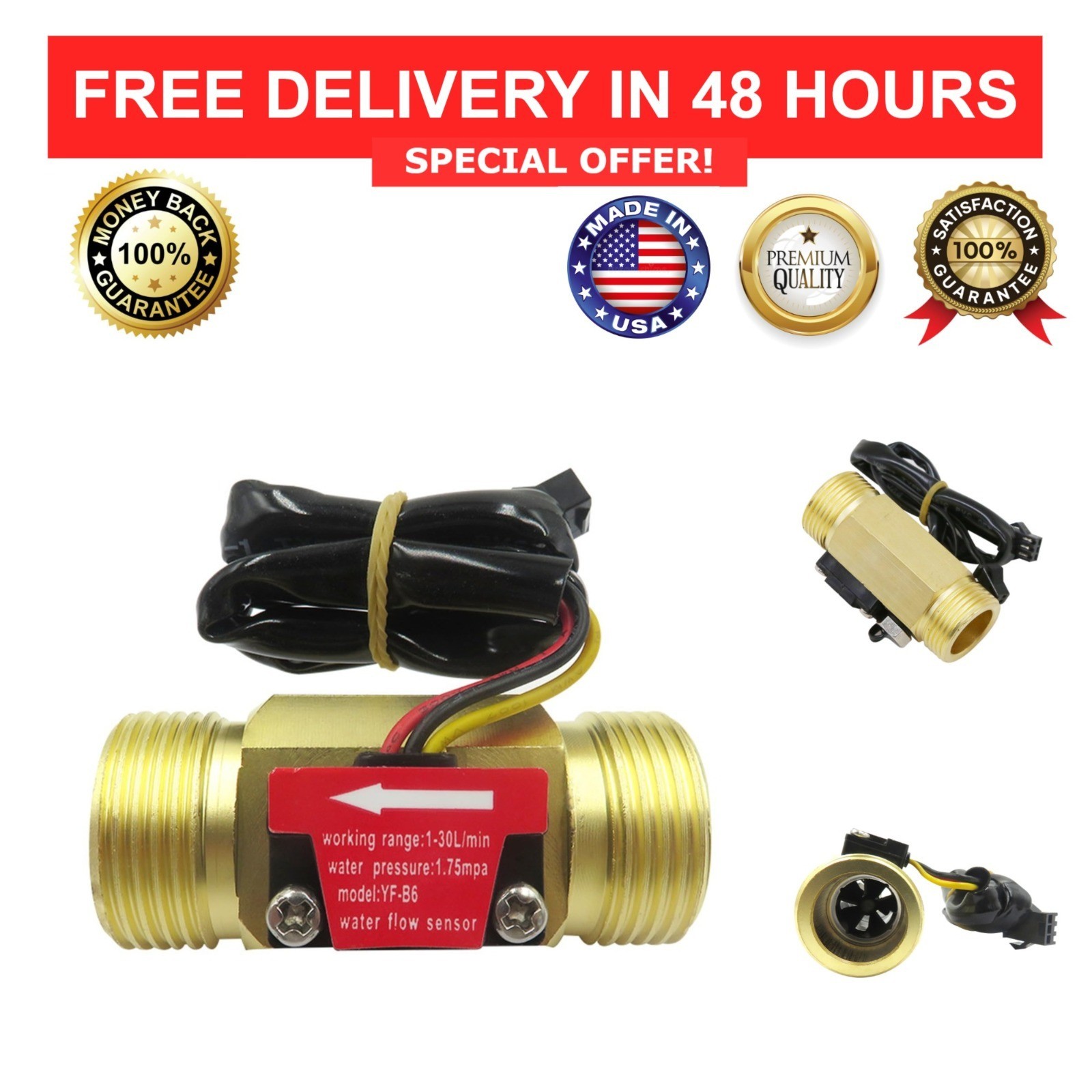 GREDIA G3/4 Brass Hall Effect Water Flow Sensor 1-30 L/min GR-CP6