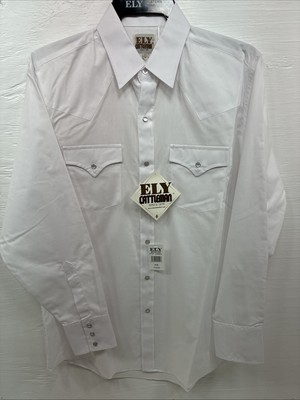 New Men s ELY Cattleman Simple White Long Sleeve Pearl Snap 15.5 Medium K-56