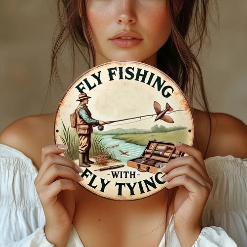 2D Flat,Vintage Fly Fishing Tin Metal Signs Home Décor 8x8 Inch Round Aluminum