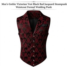 Men's Gothic Victorian Black Red Jacquard Steampunk Waistcoat Vest