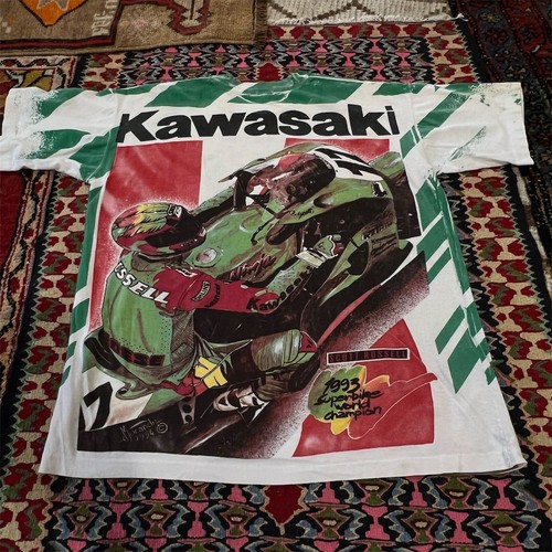 Vintage 1993 Kawasaki Racing T-Shirt Herren Large Biker Ninja All Over Print 90s - Bild 4 von 9