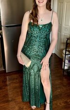 Green Sequin Formal Evening Dress with Slit and Spaghetti Straps