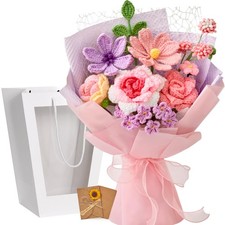 Crochet Flower Bouquet Pink Knitted Roses for Mothers Day Wedding Gift