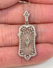 Antique Art Deco Esemco 10K Gold Filigree Camphor Glass Diamond Pendant Necklace