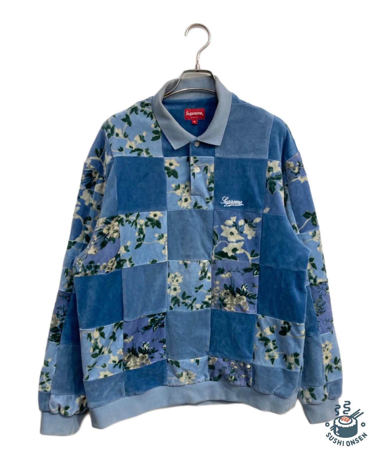 SUPREME Floral Patchwork Velour L/S POLO 21AW Size: M Blue Men