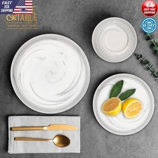 12 Piece Stoneware Dinnerware Set Grey Marble Dishwasher Microwave Safe Round US