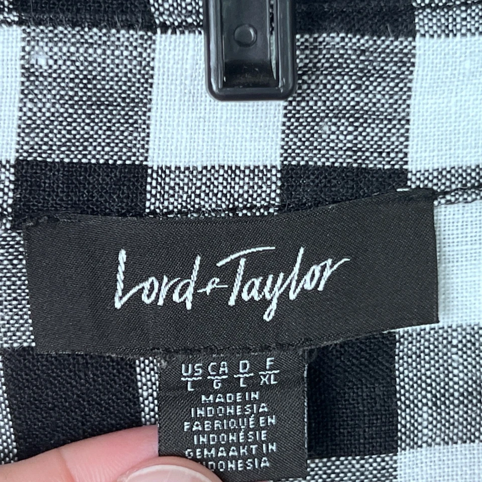 Lord & Taylor Top Womens L Black Gingham Print Shirt Linen Button Up Long Sleeve - Image 3 of 4