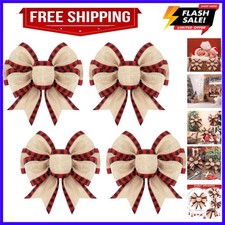 4 Pcs Christmas Buffalo Plaid Bows Decorations 6 Inch Christmas Burlap Gingha...