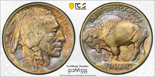 1913 Buffalo 5c PCGS AU55 Type 1 ~ Pretty Iridescent Rainbow Toning