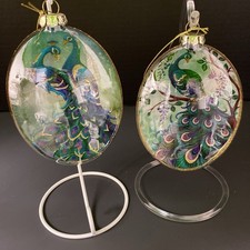Kurt S. Adler Ornaments Peacock Glass Glitter Oval 6" TD1401 Set of 2 NWT