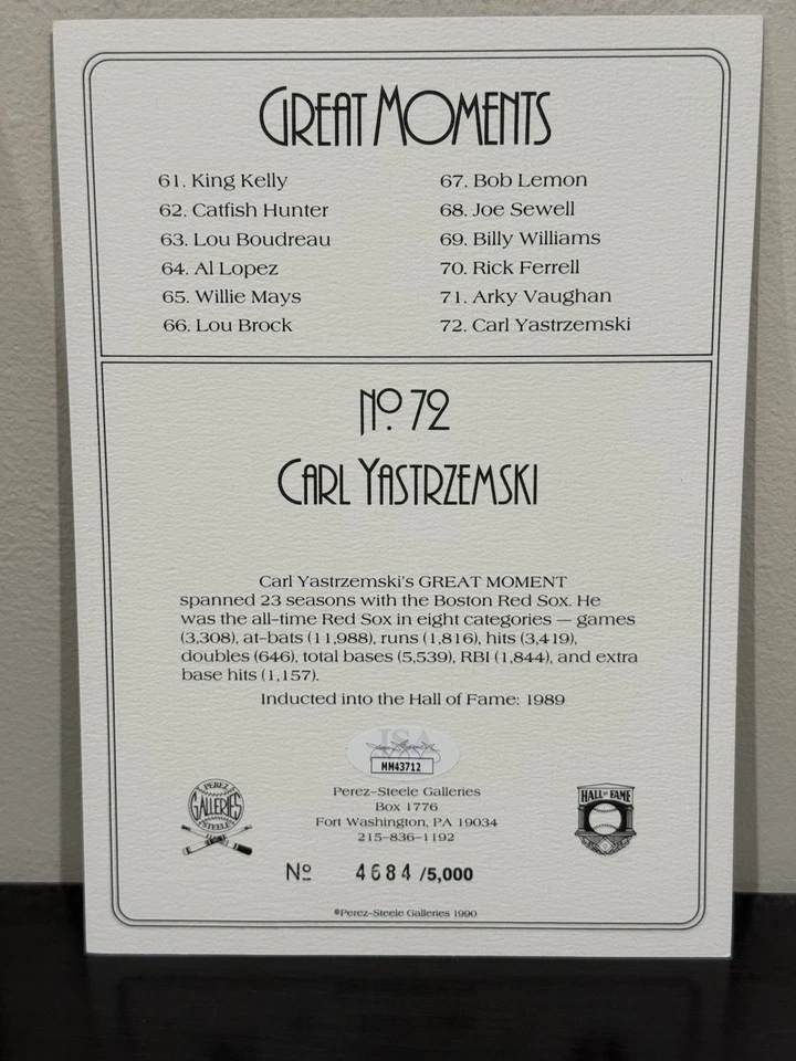 JSA Carl Yastrzemski auto Perez-Steele Great Moments Card w/Original Box + Cert - Image 2 of 4