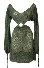 Women Green Crochet Knit Cocktail Beach Mini Dress Size Small Long Sleeve 