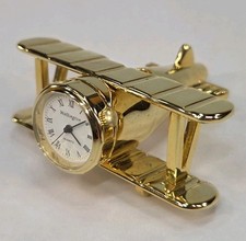 Vintage Wellington aeroplane biplane gold tone brass quartz novelty desk clock