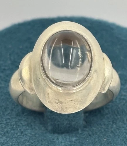Vintage Silver Ring Smoky Quartz Cabochon Modernist Artisan Size EU 55 US 7
