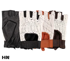 MENS CLASSIC DRIVING GLOVES SOFT HALF FINGER LAMBSKIN LEATHER - TAN BLACK BROWN