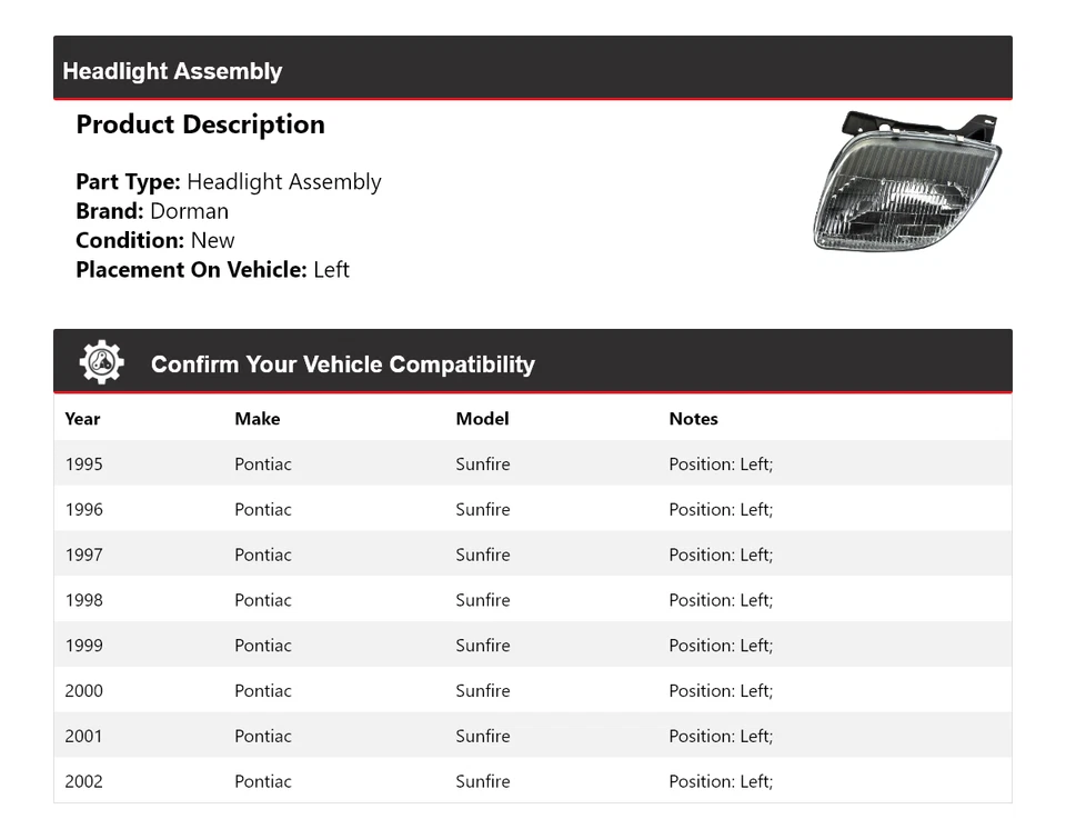Para 1995-2002 Pontiac Sunfire Dorman conjunto de farol esquerdo 1996 1997 1998 1999 - Imagem 2 de 4