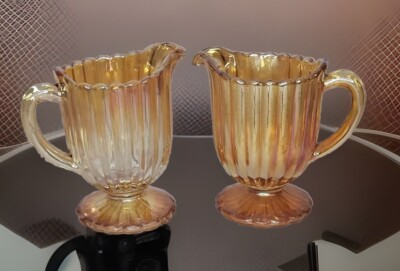 Paar antike Ringelblumen Karneval Glas, Sowerben gerippte Krüge (atemberaubend orange)