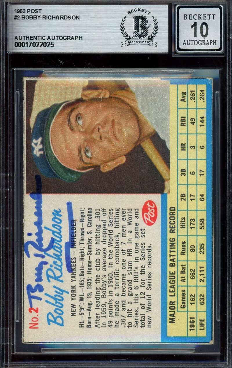 Bobby Richardson Gem Mint 10 Beckett BAS Signed 1962 Post Cereal Autograph