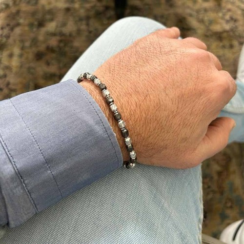 Bracciale uomo Argento 925 braccialetto pepite bianco e nero titanio regolabile - Imagen 6 de 7