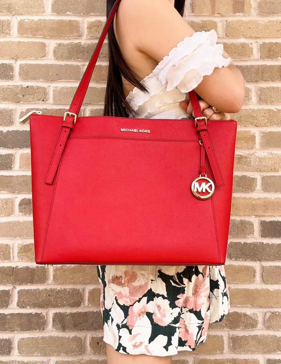 Michael Kors Voyager Ciara Large East West Tote Bag Saffiano Leather Flame  Red 196163006482