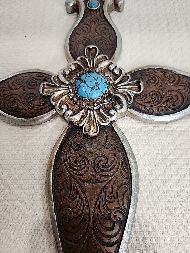 Wall Cross Rustic Western Ornate Faux Leather & Turquoise Religious