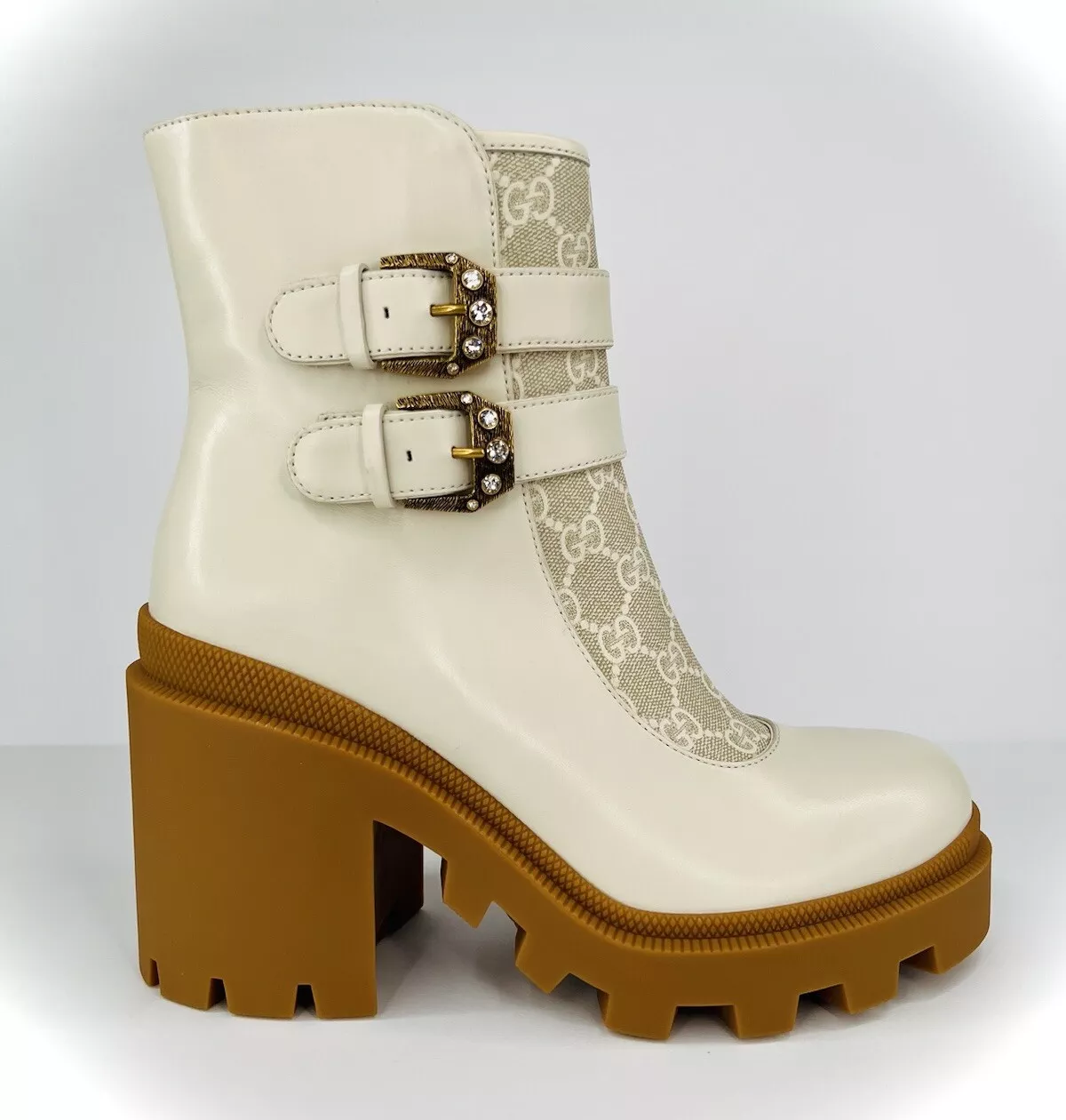 GUCCI Kensington GG Supreme Cuir Cristal Boucle Plateforme Bottes Cheville EU 40,5