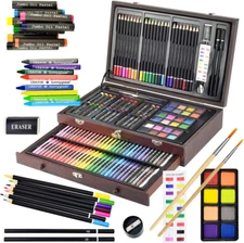 145 Piece Deluxe Art Set, Wooden Box & Drawing Kit with Crayons, Oil Pastels, Co