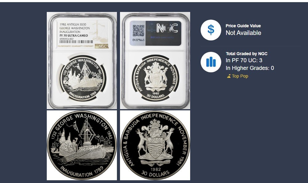 Antigua Barbuda 1982 $ 30 Silver Proof Coin Washington