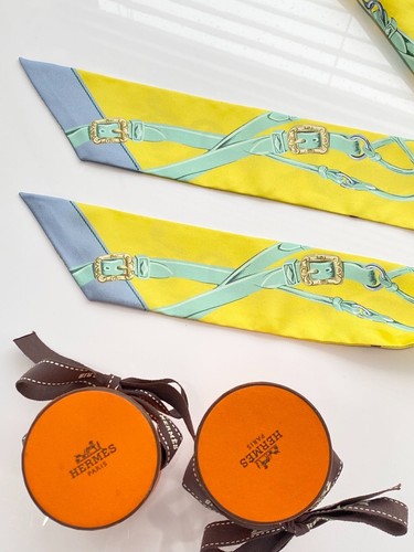 HERMES SILK YELLOW BLUE BROWN Bandeau TWILLY WRAP - Picture 20 of 23