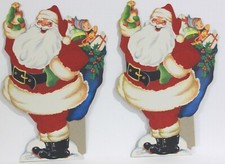 Pair of Whitman Santa Claus Standees with Red Felt Fur Outfit  Blue Bag