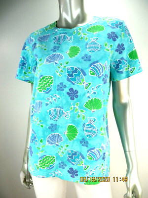 LAGUNA BAY SZ M Cotton Made USA Aqua Blue Green Fish Knit-Cloth Tee Shirt Top