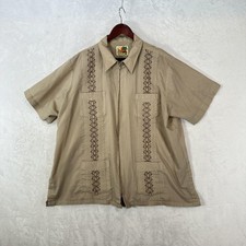Vintage Haband Guayabera Shirt Mens 2XL Beige Embroidered Zip Front Short Sleeve