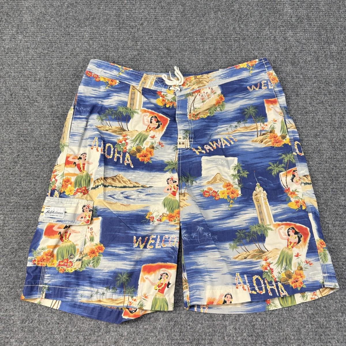 ぼ*７様 RRL WW II ALOHA TRUNKS Polo Ralph Lauren Swim Trunks Shorts Mens XL Hawaiian Hula Aloha