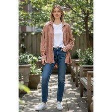 Veni♡Heart Women's Button-Up Shirt XL Tan Solid Collared L/S soft breathable