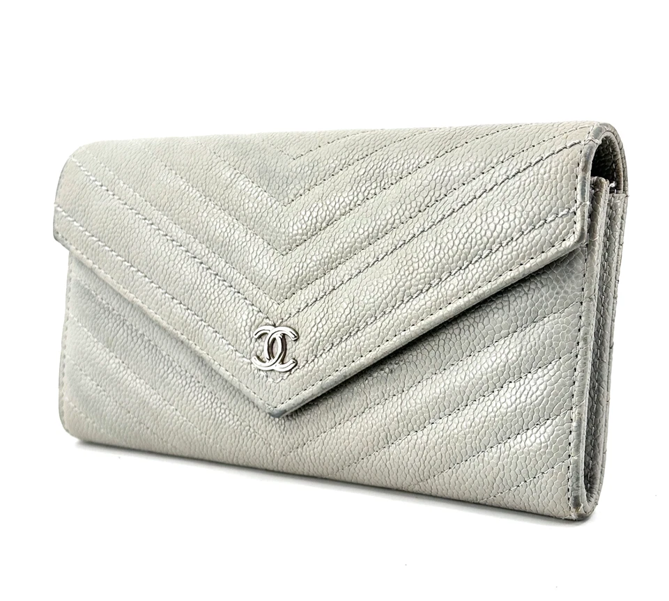 CHANEL Chevron Long Wallet V Stitch Caviar Skin Leather Gray Purse Authentic - Image 2 of 4