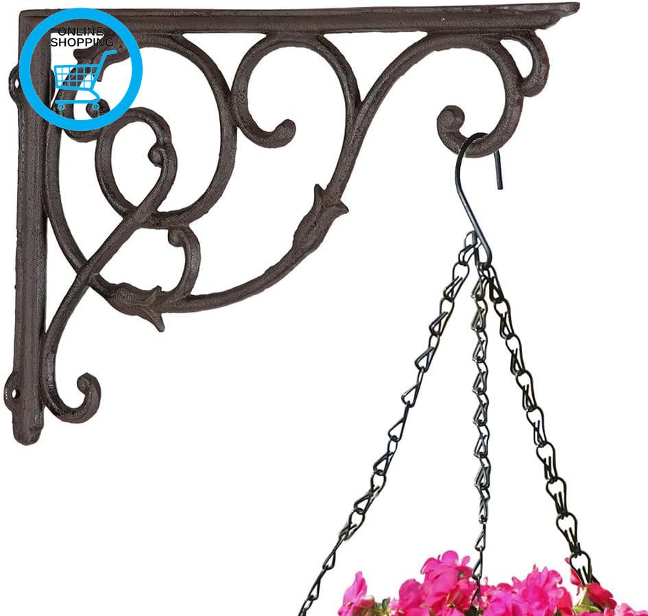 Hanging Basket Bracket Antique Brown Cast Iron Plant Hanger Hooks (Large) | Heav