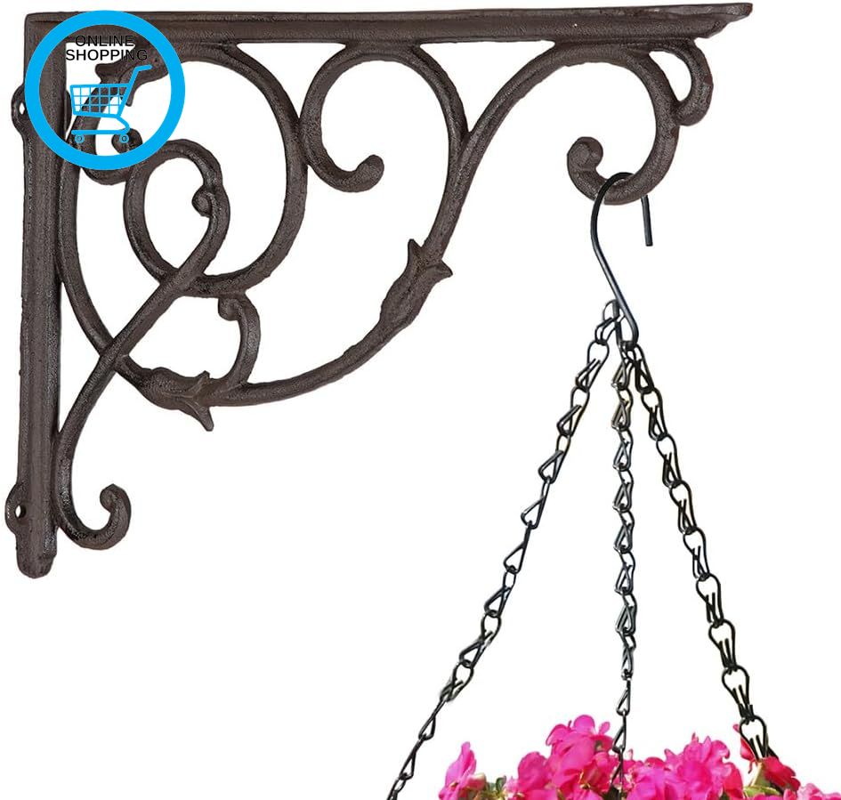 Hanging Basket Bracket Antique Brown Cast Iron Plant Hanger Hooks (Large) | Heav