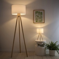 Oak Wood Tall Tripod Floor Lamp With a Large Drum Shade And Matching Table Lamp