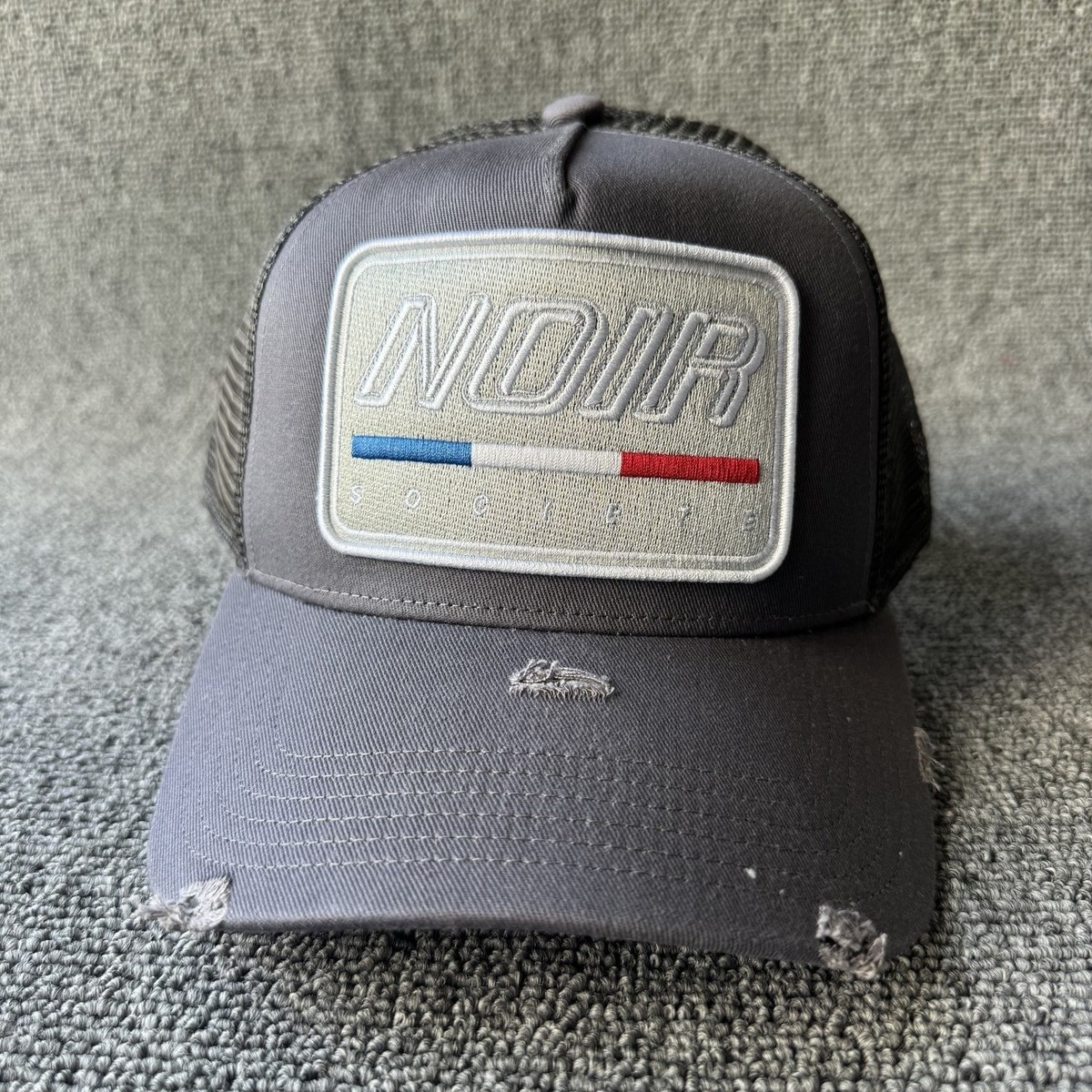 Noir Society Trucker Snapback Hat Gray Black Mesh Back Distressed Cap