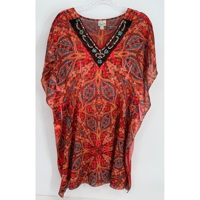 One World Beach Womens Large Beaded V-Neck Kaftan Top Red Orange Floral Boho