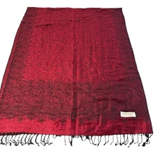 Pashmina Silk and Cashmere Paisley Print Red Black Scarf Wrap Shawl 28" x 72"