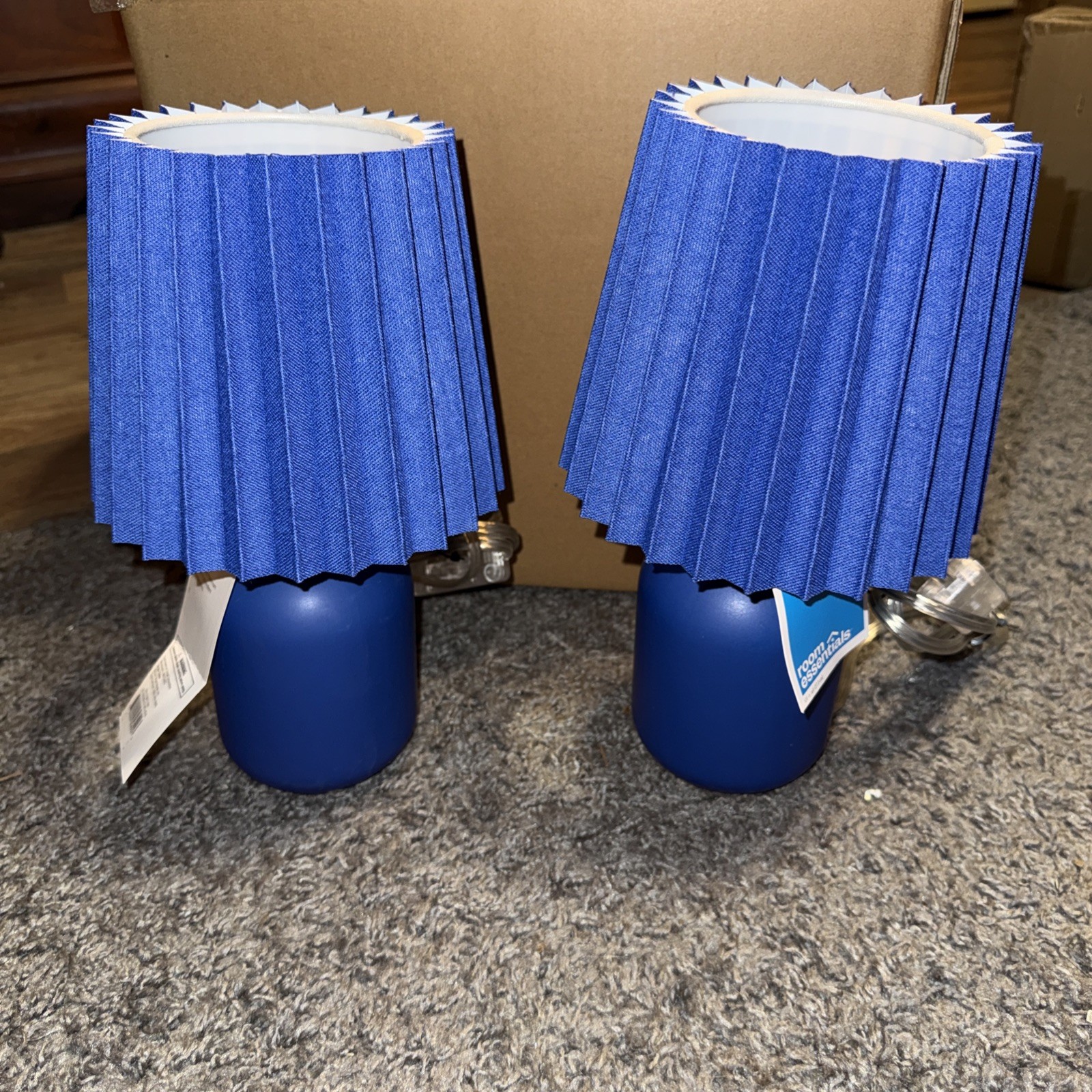 Set of 2 Mini Blue Ceramic Table Lamps w/ Pleated Shades – Room Essentials NEW