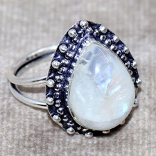925 Silver Plated Rainbow Moonstone Ring US 8.5 Stylish Jewelry Trendy JW