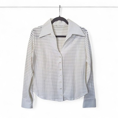 Rayure Paris Cream Textured Sheer Striped Collared Button Blouse France, Large