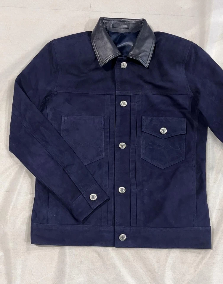 Mens Navy Blue Suede Leather Trucker Jacket Custom Made Size S M L XL 2XL 3XL - Image 4 of 4