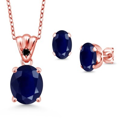 18K Rose Gold Plated Silver Sapphire and Black Diamond Pendant and Earrings