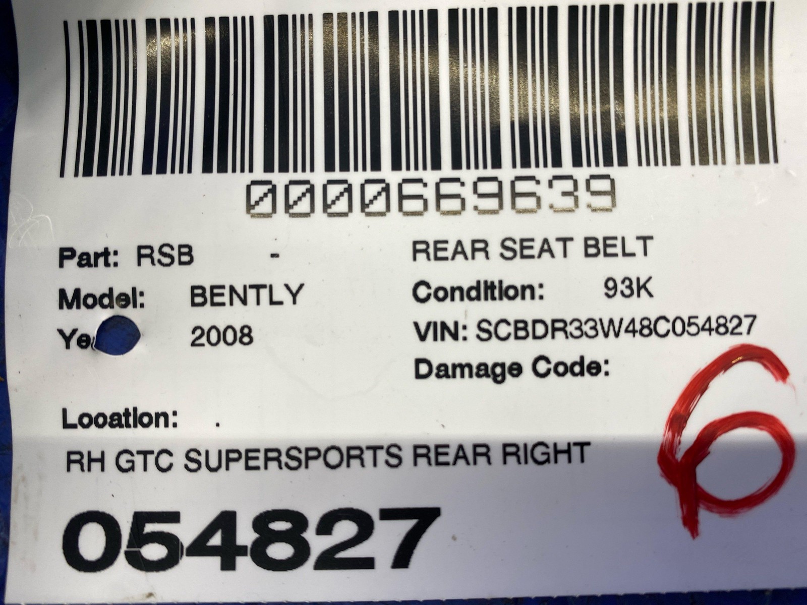 2006-2018 BENTLEY CONTINENTAL GTC SUPERSPORTS REAR RIGHT SEATBELT RETRACTOR ASSY