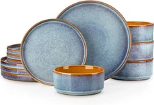 Ceramic Plates Bowls Sets, 12 Reactive Glaze for 4 Dishwasher and Microwave Safe