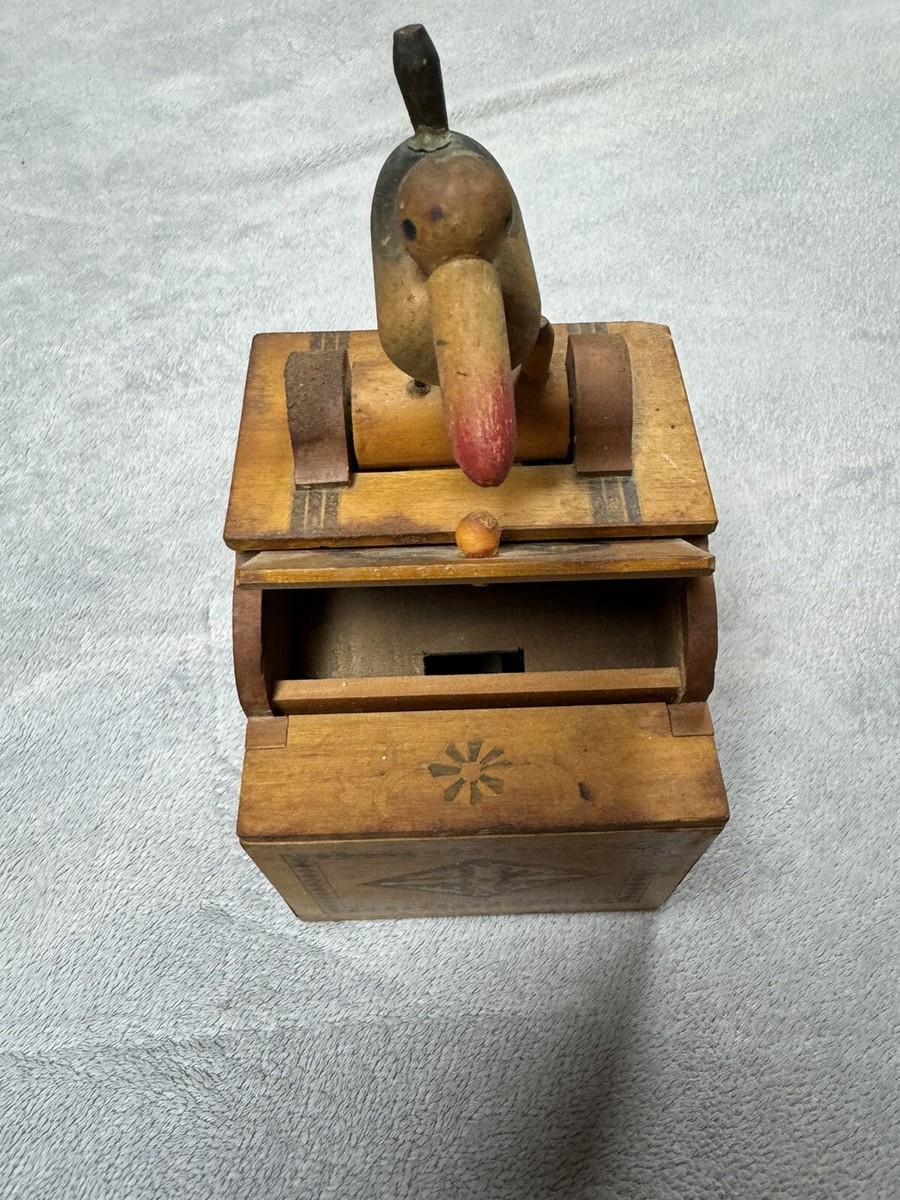 Vintage Antique 1960s Wooden Inlaid Cigarette Dispenser Box with Bird on  Top !!