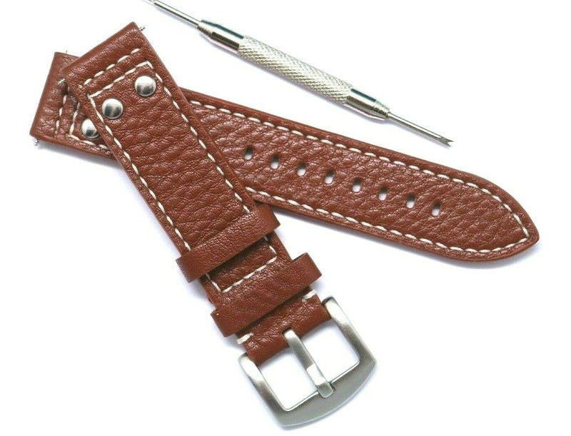 20mm Brown/White Double Rivet Style Buffalo-Grain Leather Watch Strap WithTool